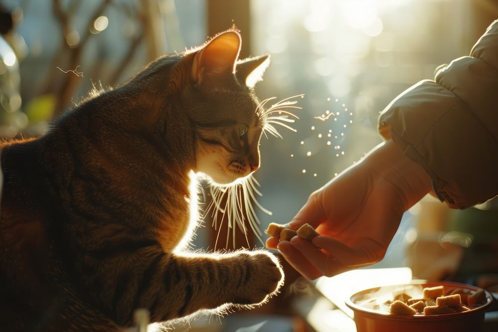Cat getting cat treats animal mammal pet.