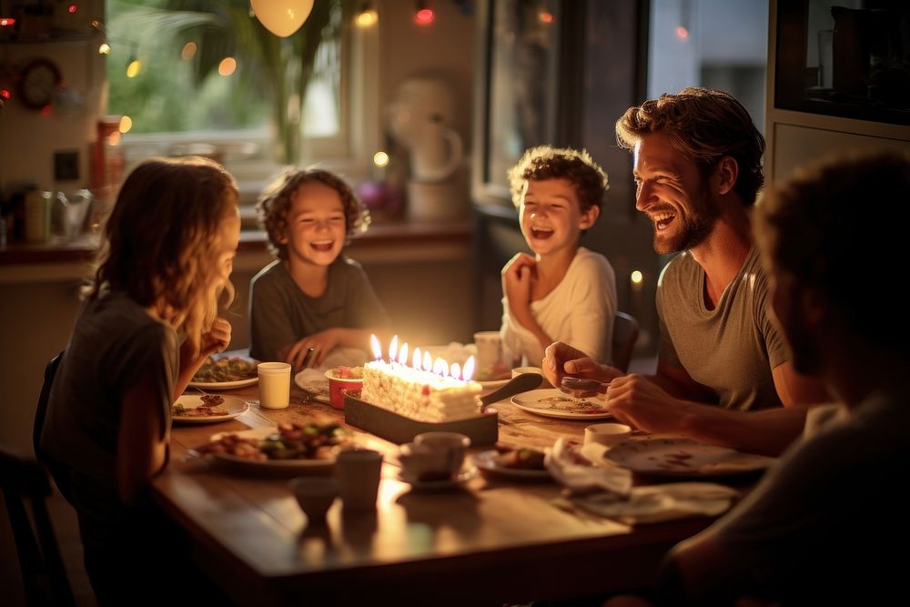Cheerful family applauding for birthday boy table cheerful laughing.