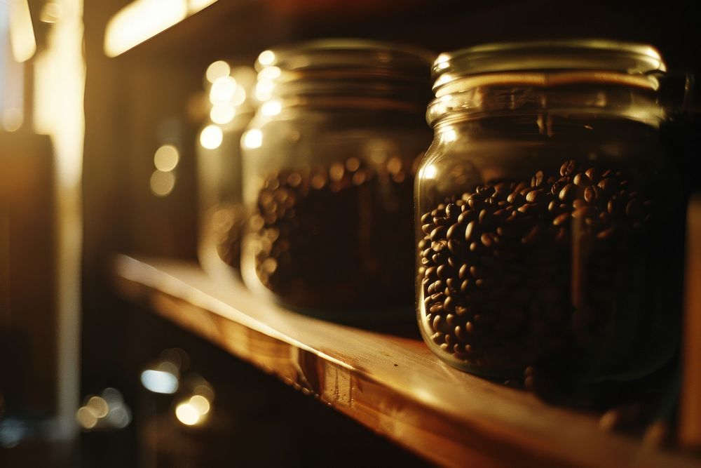 Coffee bean shelf lighting coffee beans abundance.