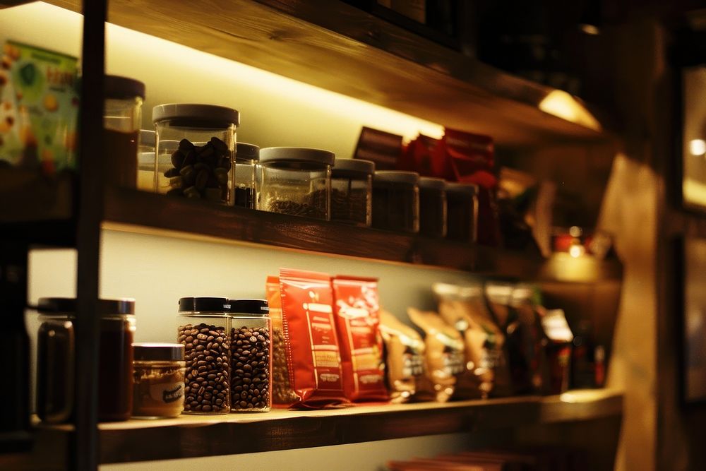 Coffee bean shelf lighting food jar.