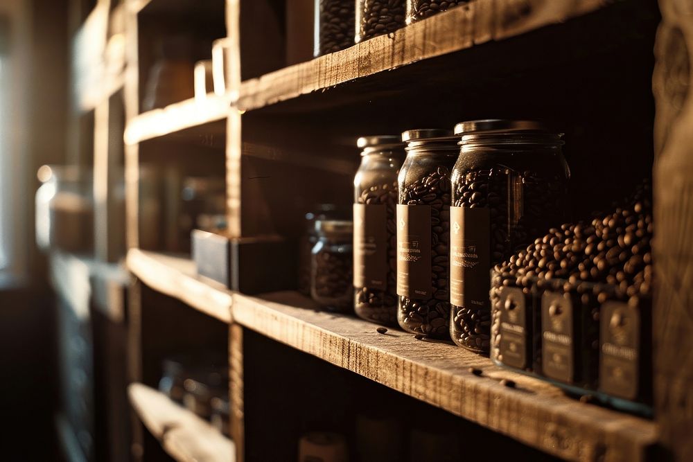 Coffee bean shelf lighting wine arrangement.