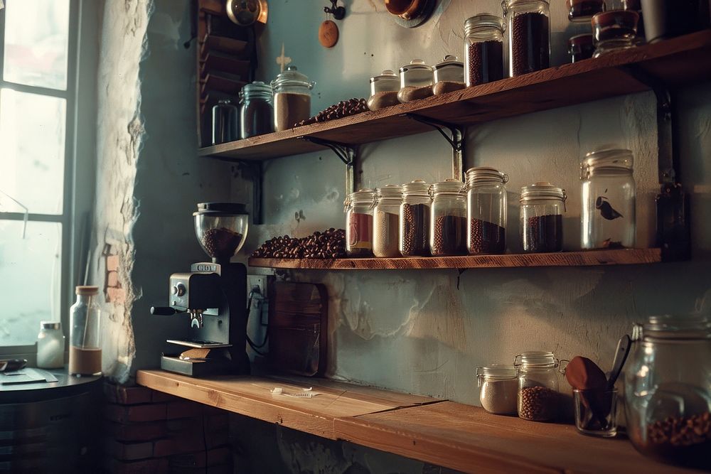 Coffee bean shelf lighting jar architecture.