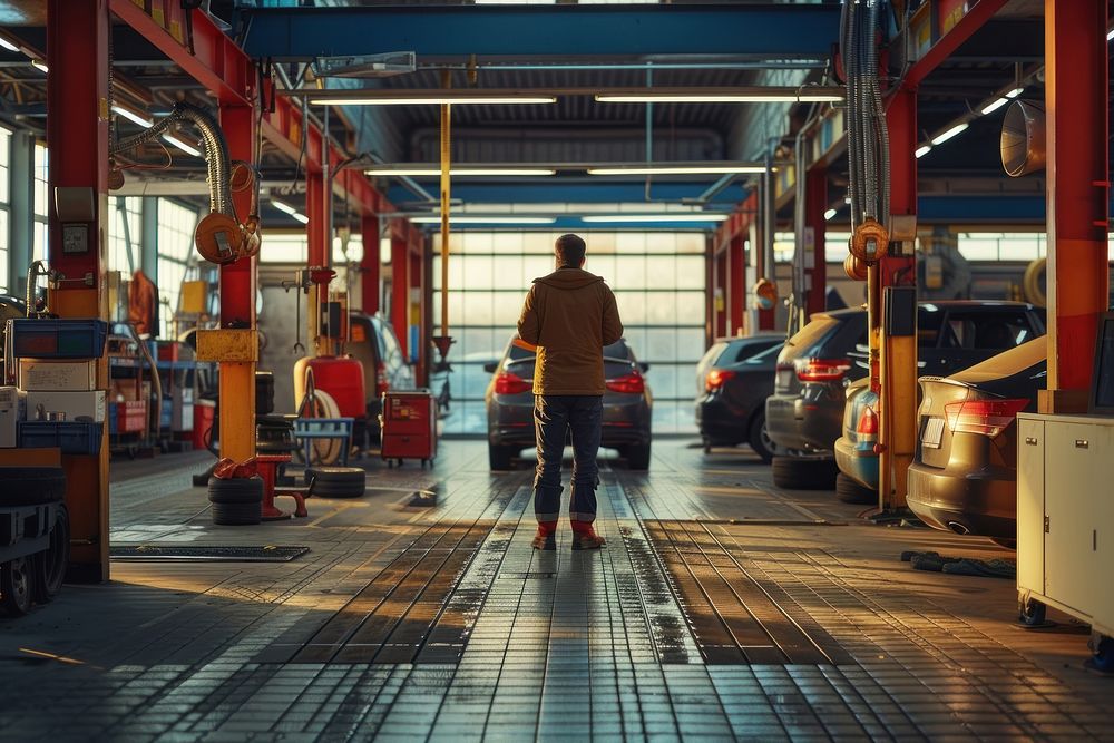 Engineer checking car on ramp in car service architecture vehicle factory.