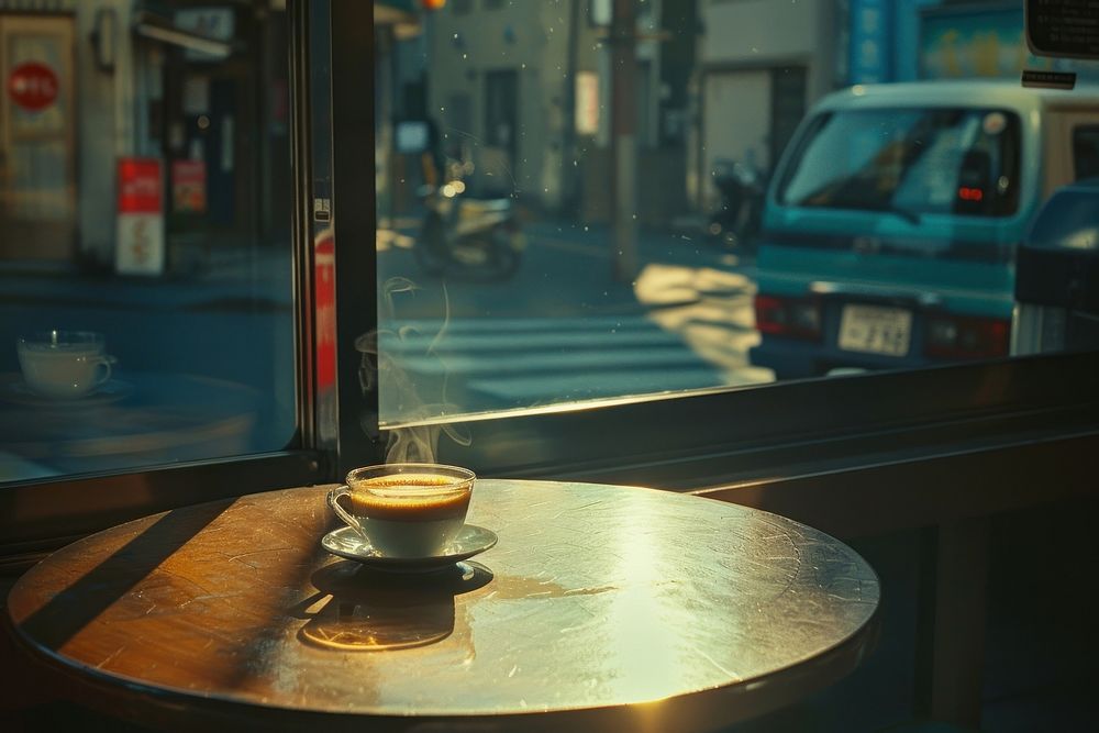 Street coffee lighting vehicle window.