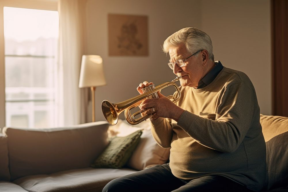 Senior man polishing trumpet at home adult concentration performance.
