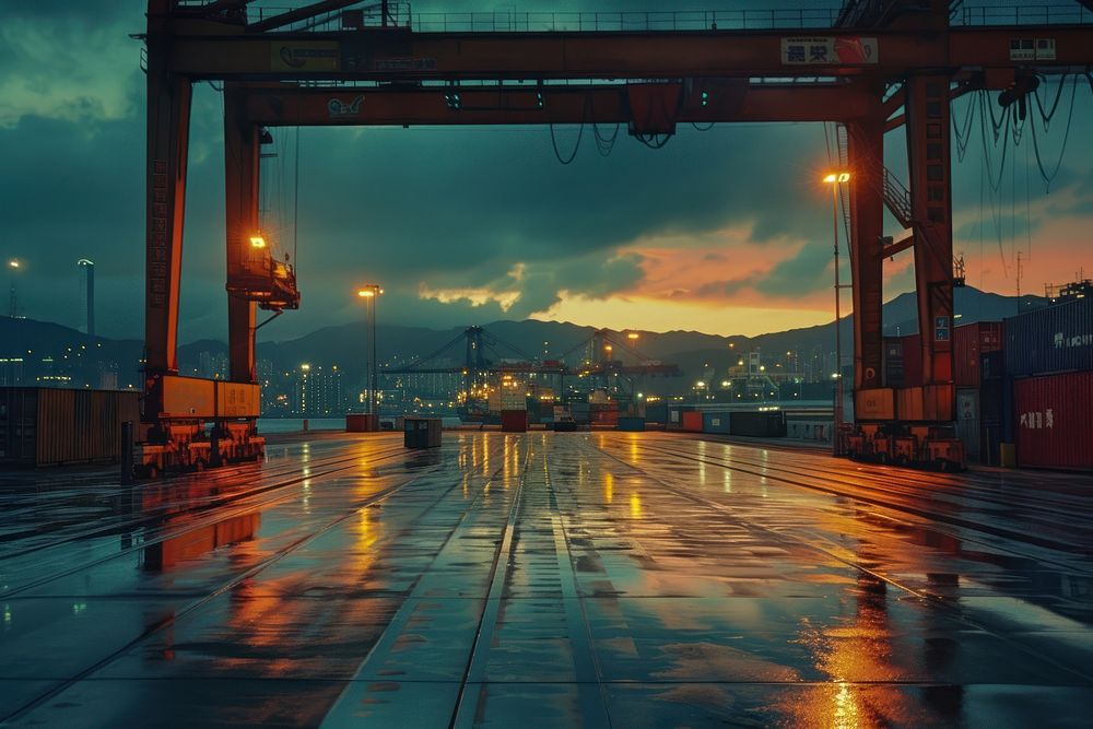 The Hong Kong Container terminal port dusk.