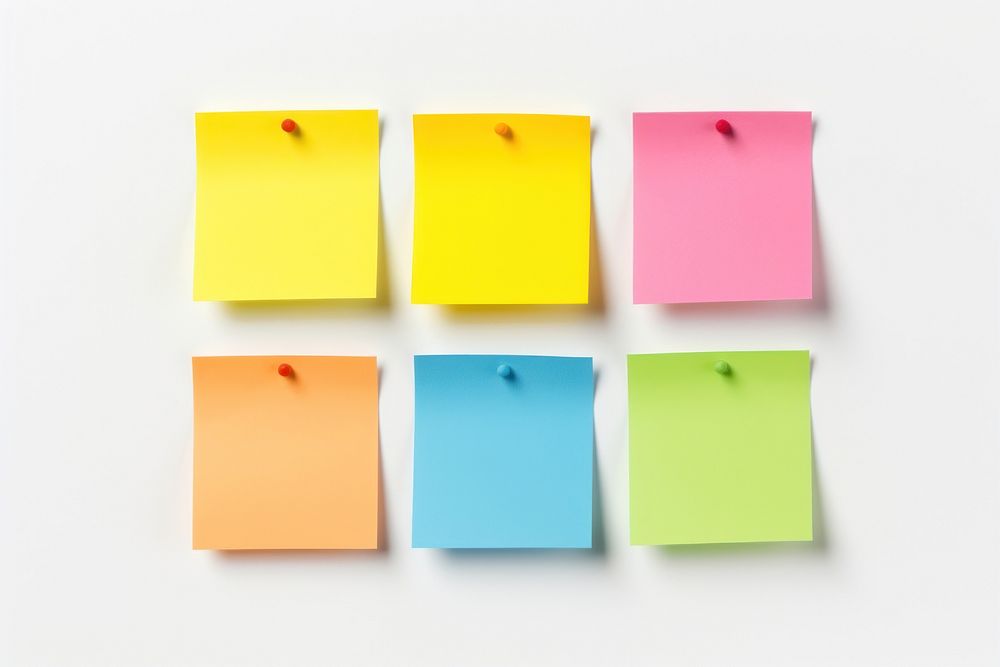 Various colors square sticky post it yellow paper text.