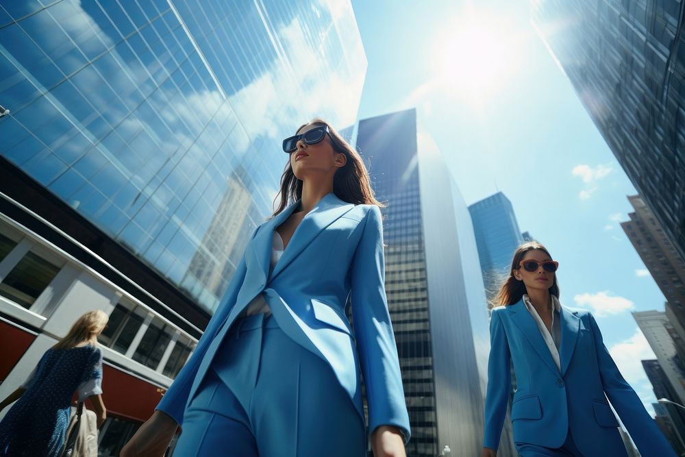 Businesswomen walking down a busy city street adult blue architecture.