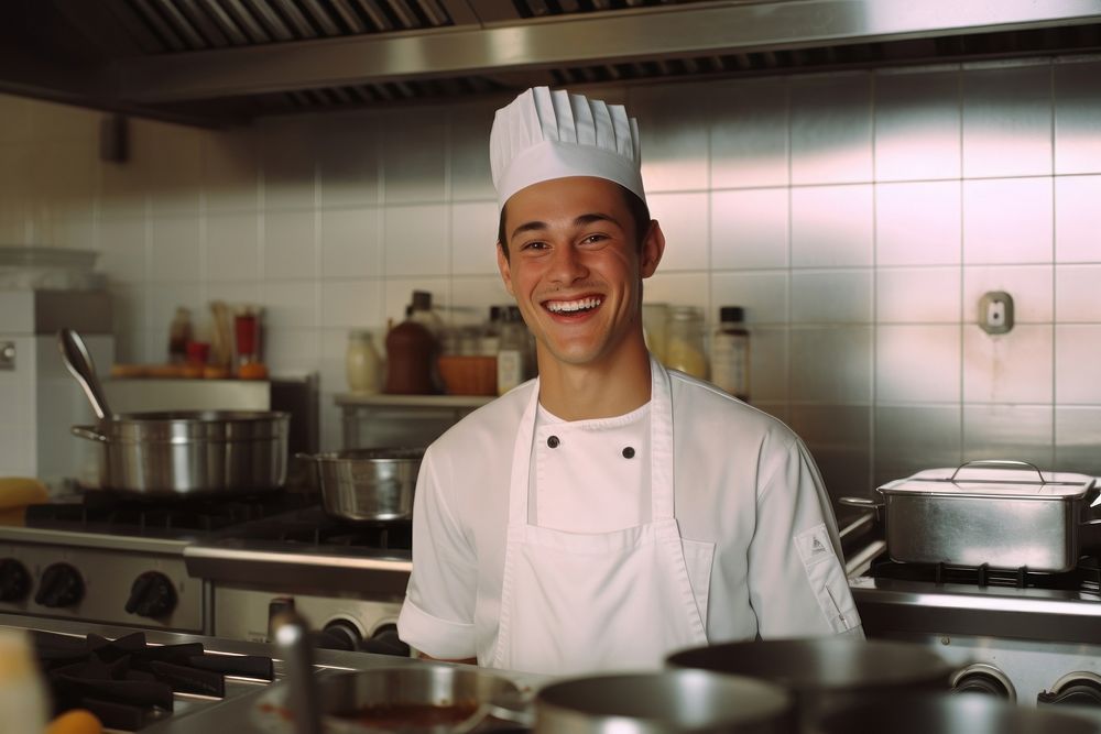 Male chef smilling in the kitchen restaurant happiness cheerful.