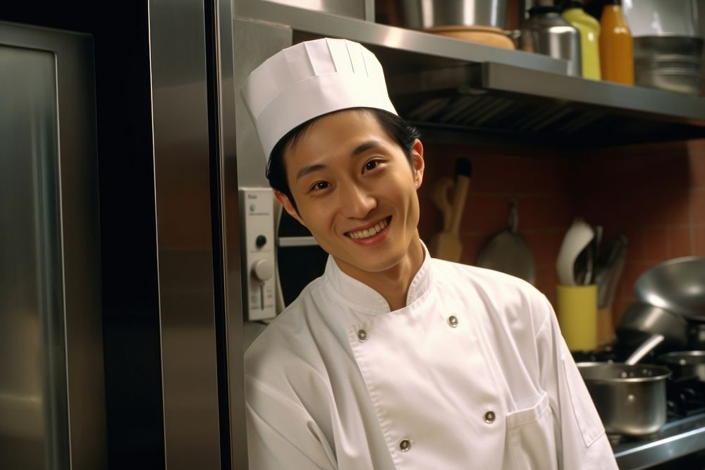 Asian male chef smilling in the kitchen adult restaurant happiness.