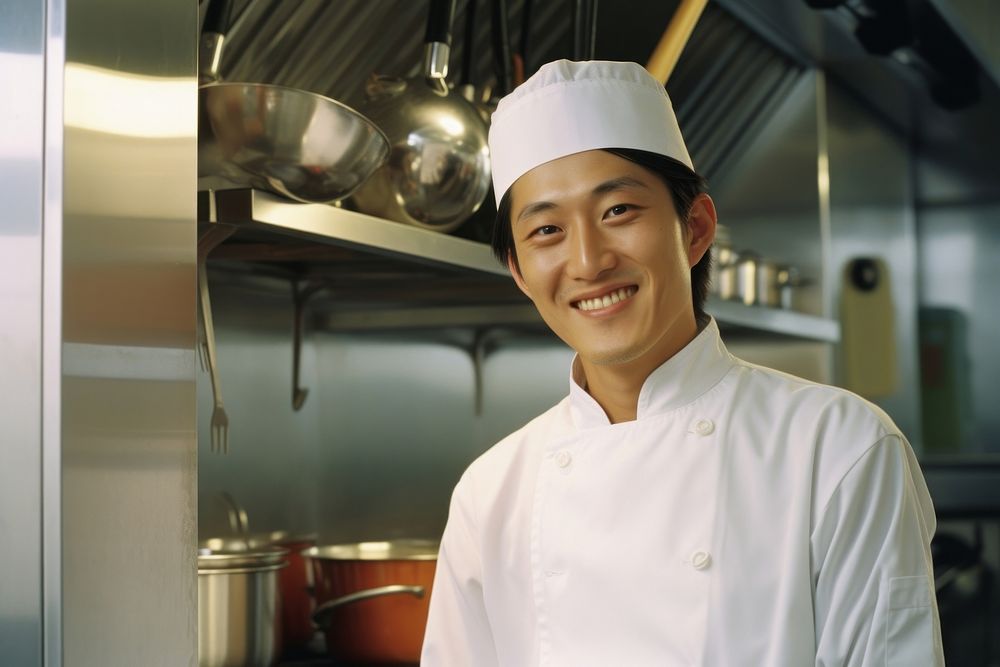 Asian male chef smilling in the kitchen adult restaurant protection.