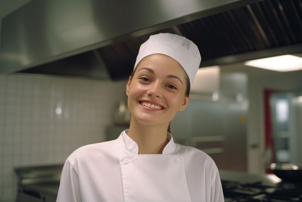 Female chef smilling in the kitchen adult restaurant appliance.
