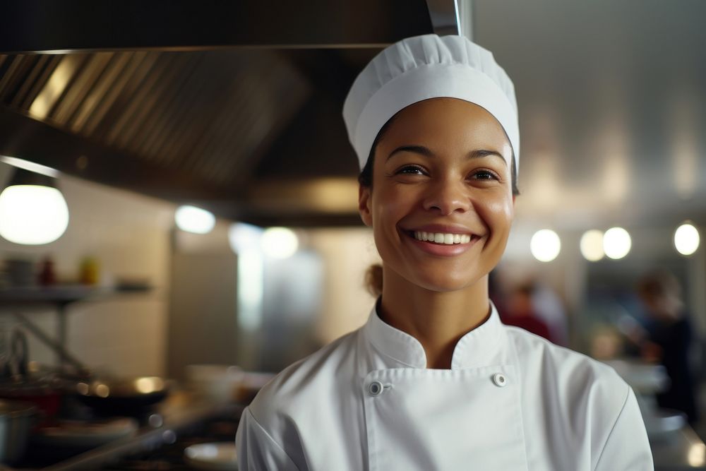 Female chef smilling in the kitchen adult restaurant happiness.