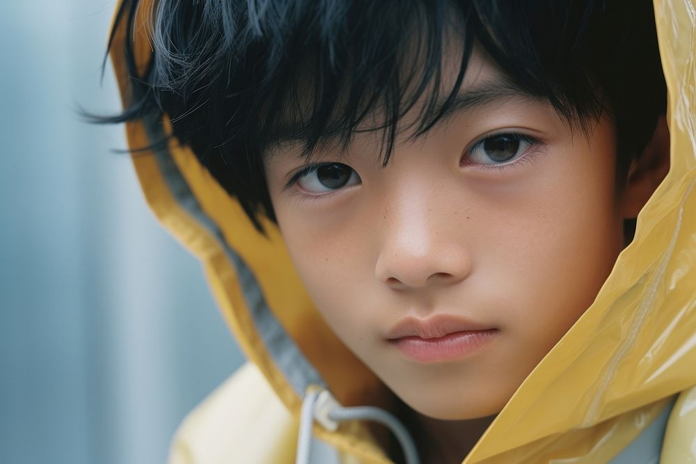 Cute Asian little boy skin contemplation headshot.