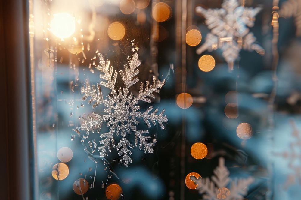 Snowflake window glass illuminated.
