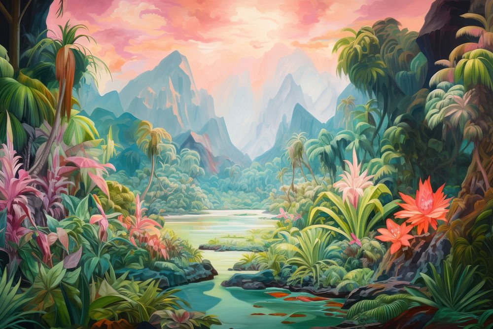 Tropical island painting vegetation landscape.