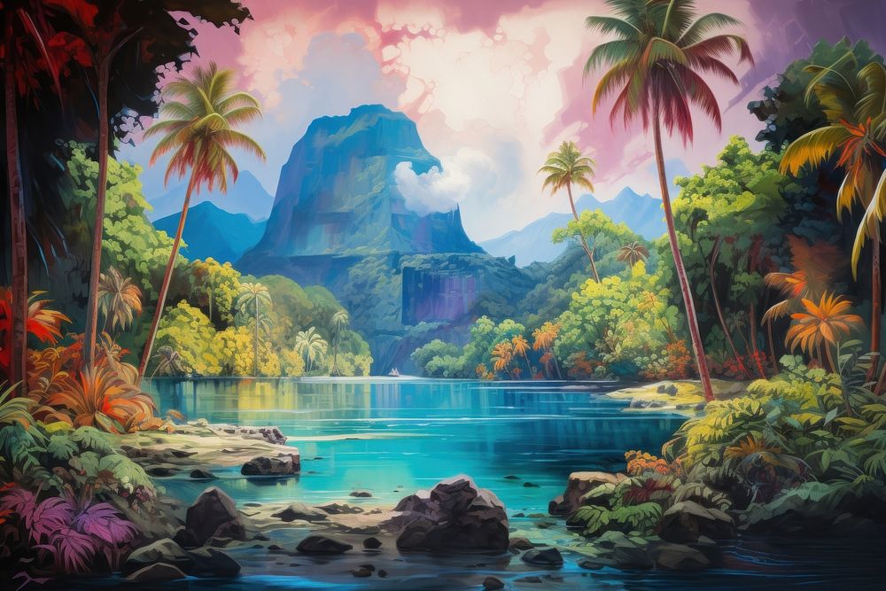 Tropical island landscape outdoors painting.