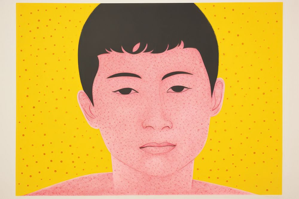 Silkscreen on paper of a boy portrait yellow art.