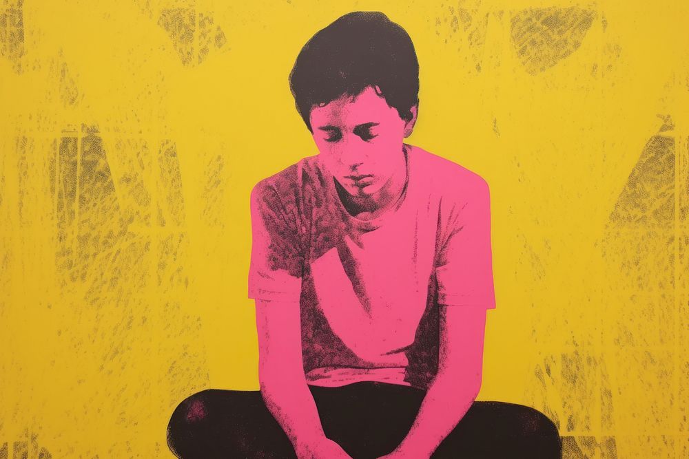 Silkscreen on paper of a boy portrait painting yellow.