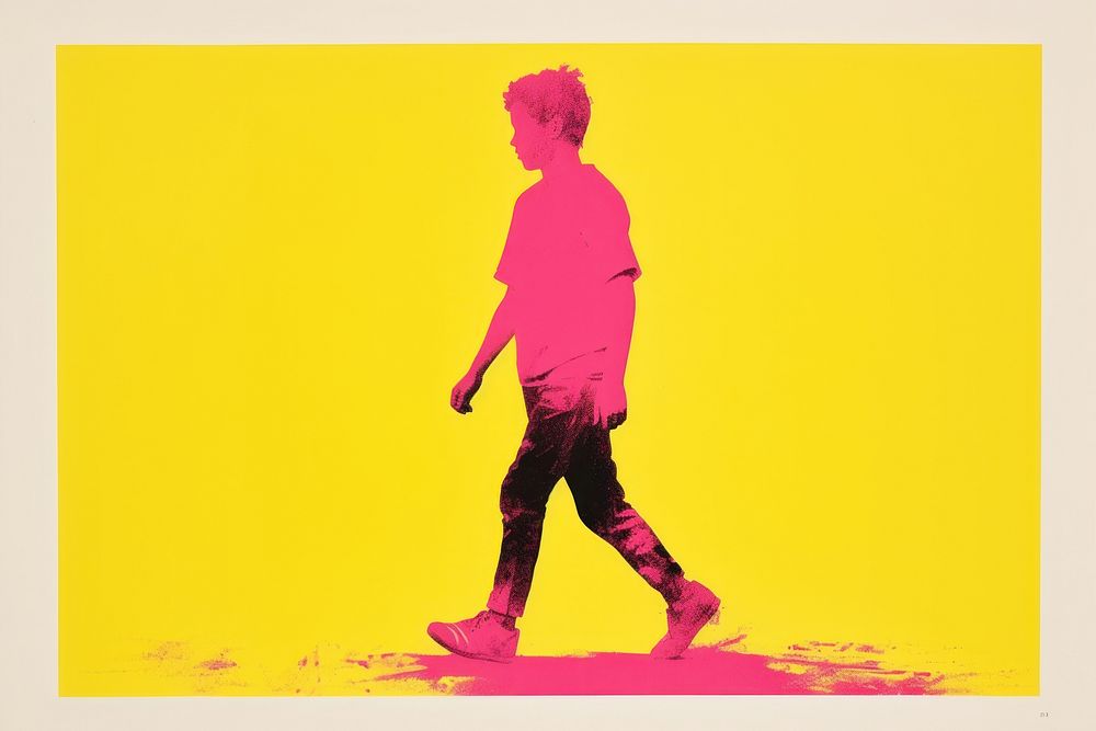 Silkscreen on paper of a boy walking yellow pink.