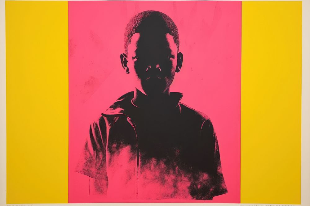 Silkscreen on paper of a boy silhouette yellow adult.