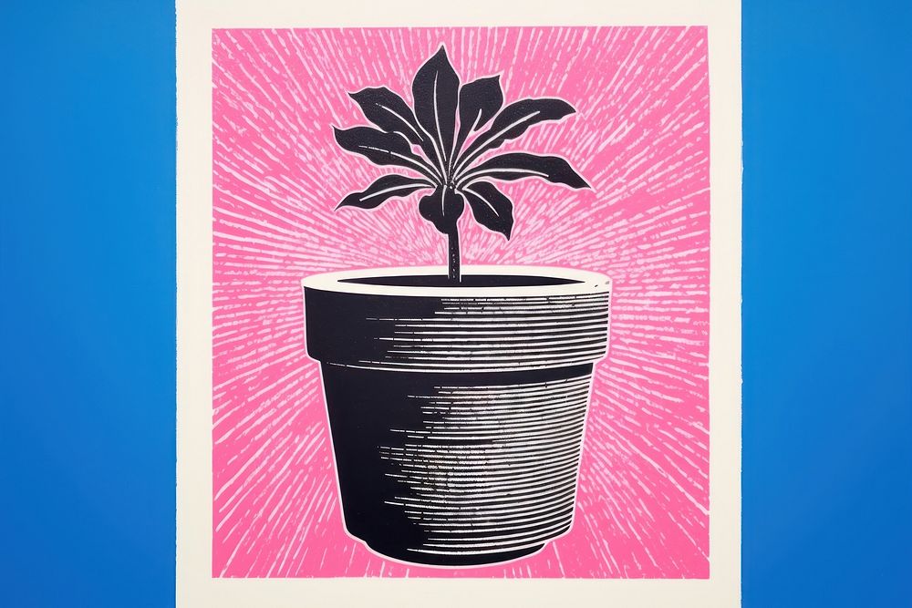 Silkscreen on paper of a flower pot plant pink leaf.