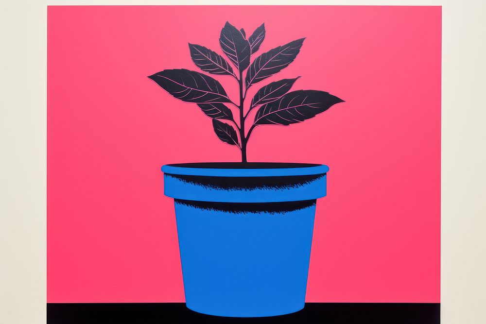 Silkscreen on paper of a flower pot plant blue pink.