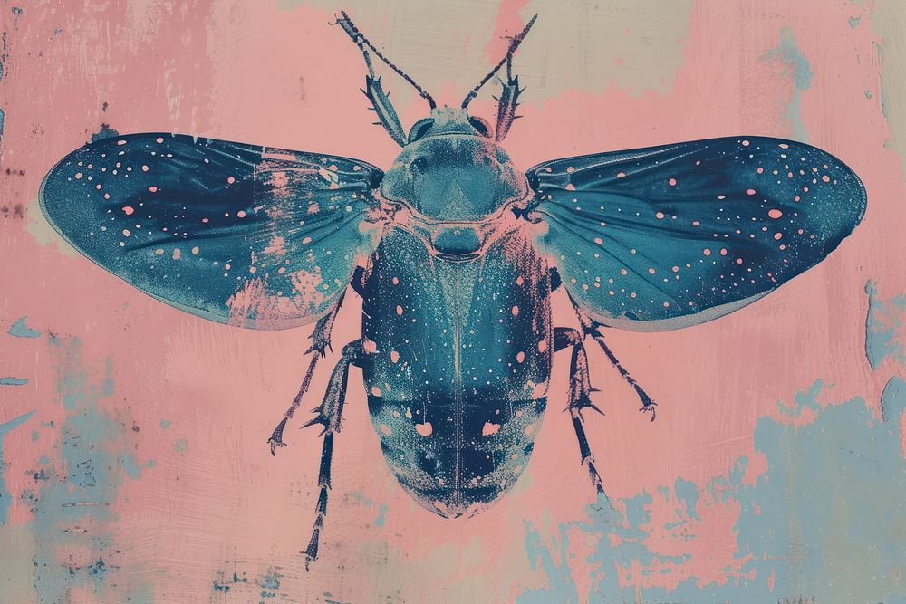 Silkscreen on paper of a Insect insect animal pink.