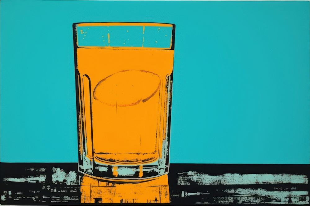 Silkscreen on paper of a juice yellow glass drink.
