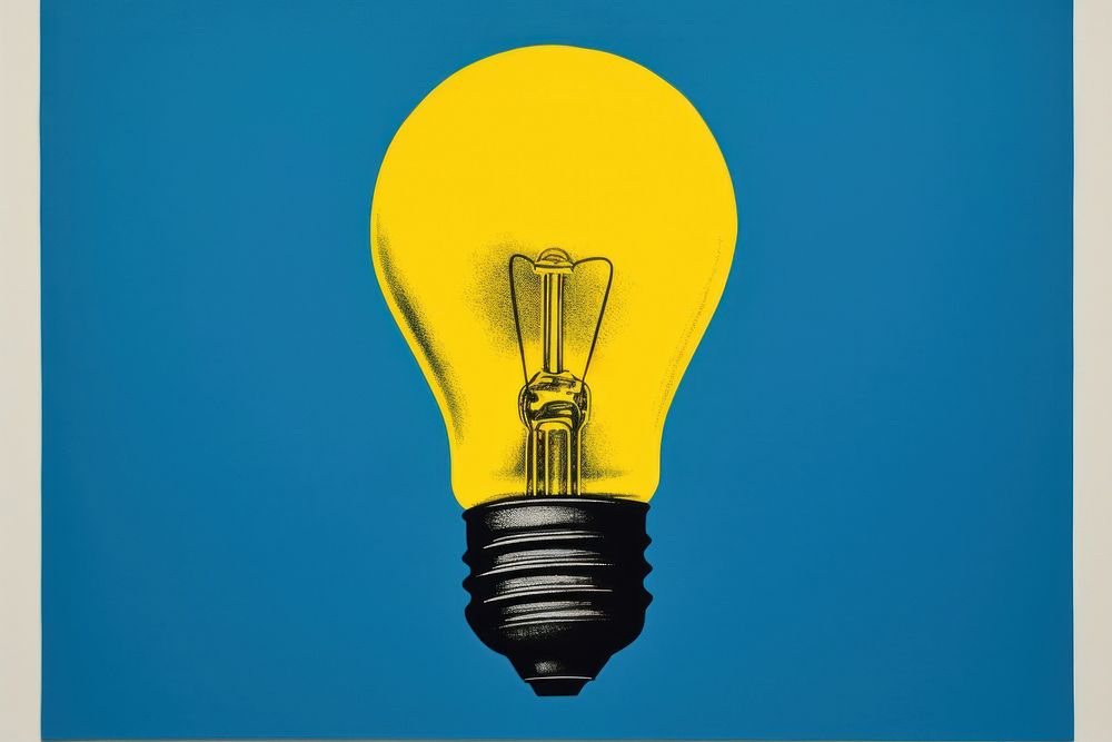 Silkscreen on paper of a light bulb lightbulb yellow blue.
