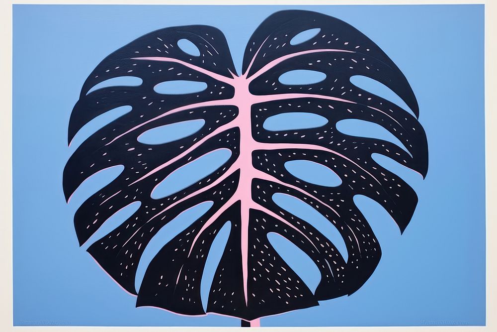 Silkscreen on paper of a Monstera plant leaf blue.