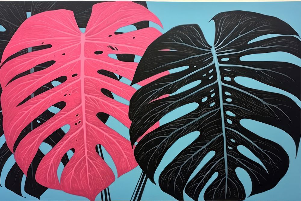Silkscreen on paper of a Monstera plant leaf pink.