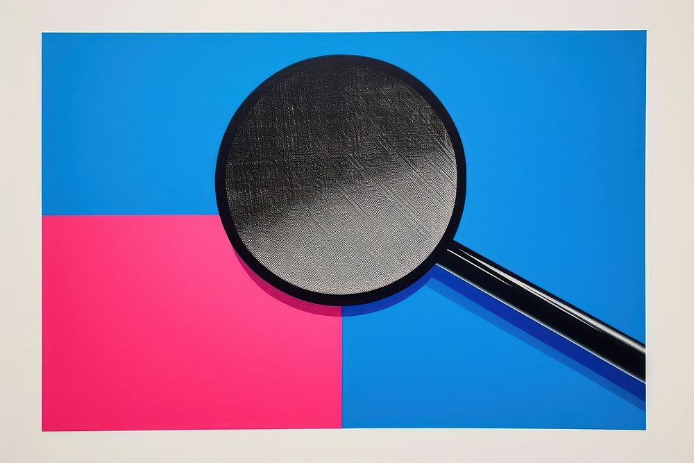 Silkscreen on paper of a Magnifying glass magnifying blue pink.