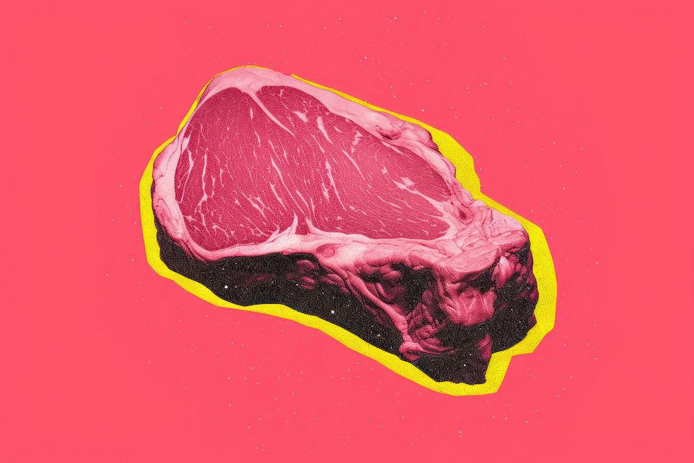 Silkscreen on paper of a meat beef food pink.