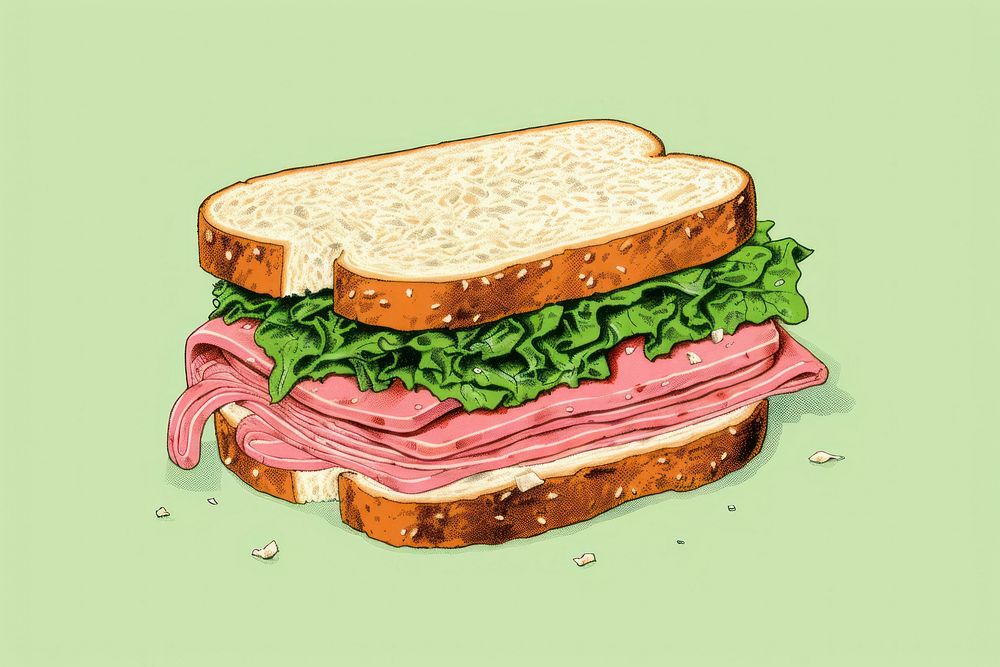 Silkscreen on paper of a Sandwich sandwich lunch food.