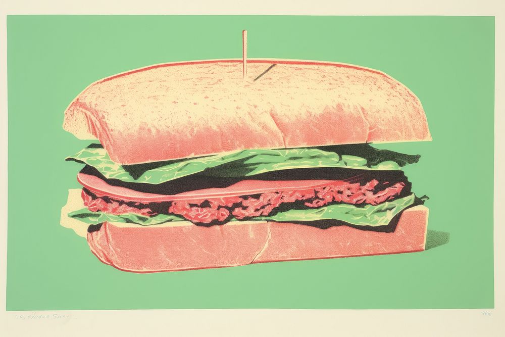Silkscreen on paper of a Sandwich sandwich food hamburger.