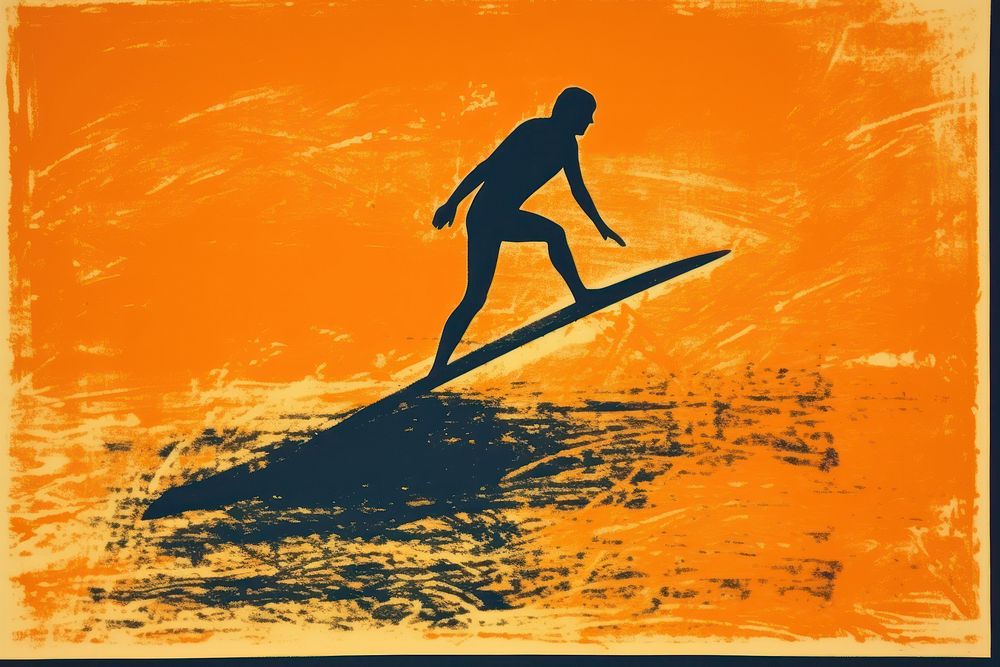 Silkscreen on paper of a surfing recreation outdoors sports.