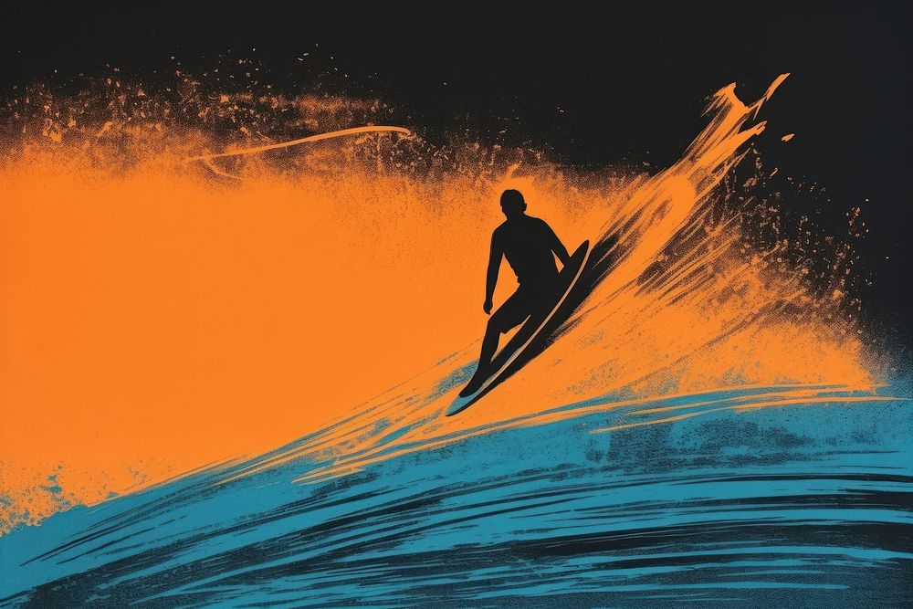 Silkscreen on paper of a surfing sports nature blue.