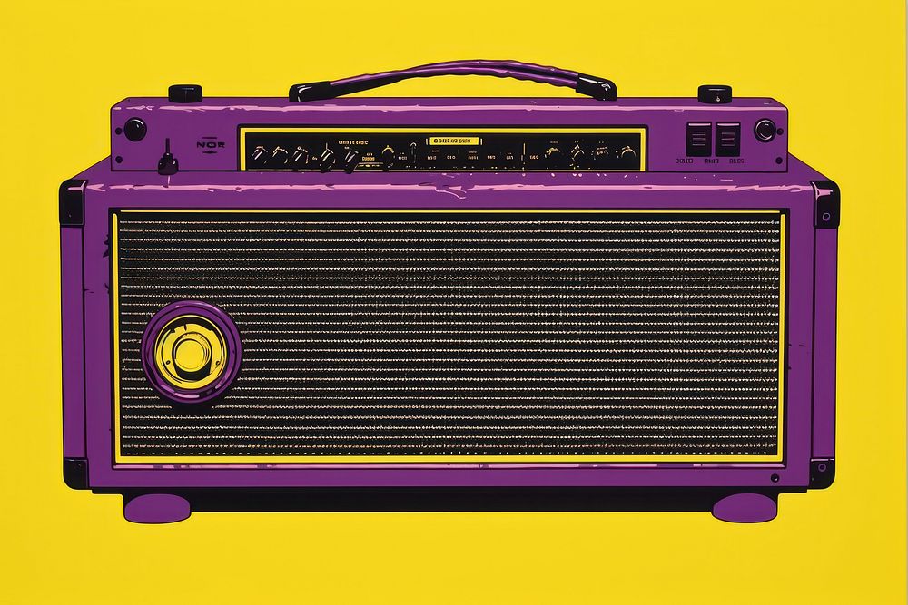 Silkscreen on paper of a radio purple yellow electronics.