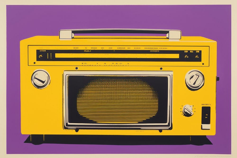 Silkscreen on paper of a radio yellow purple electronics.