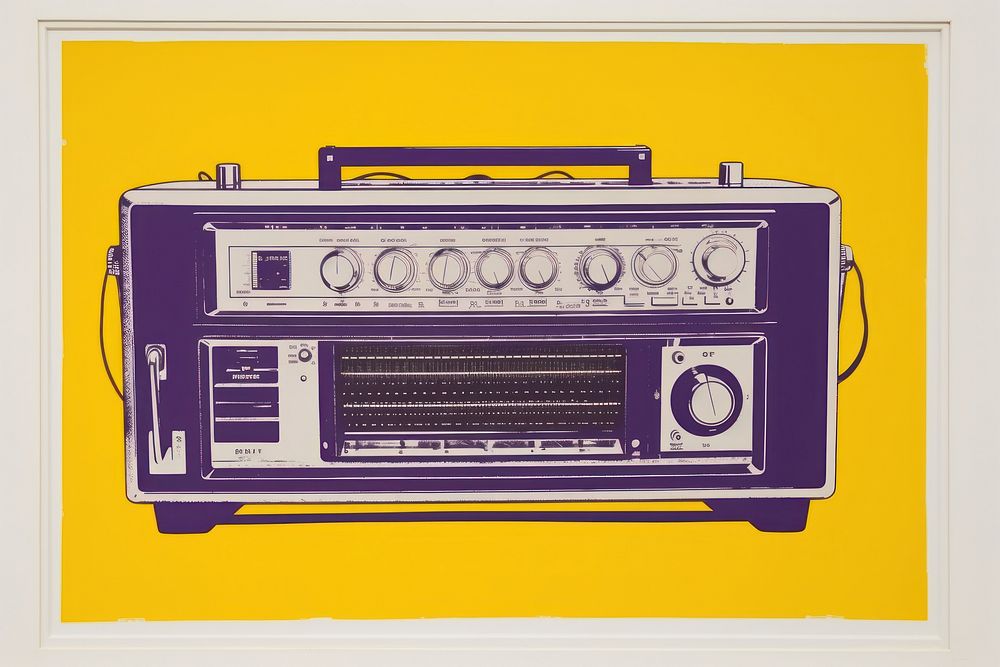 Silkscreen on paper of a radio yellow purple electronics.