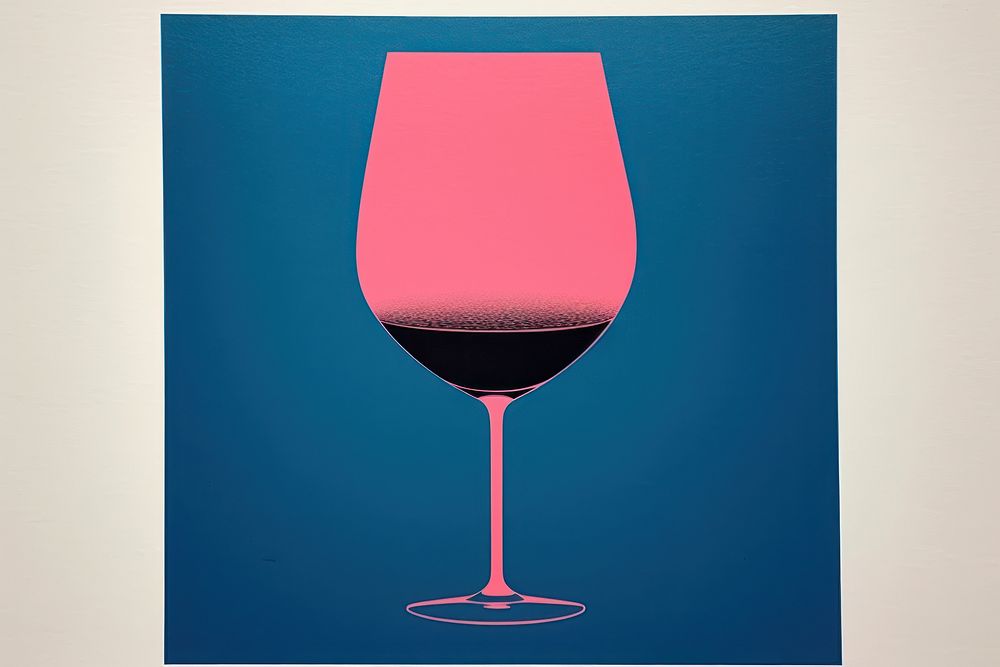 Silkscreen on paper of a Wine glass wine drink blue.