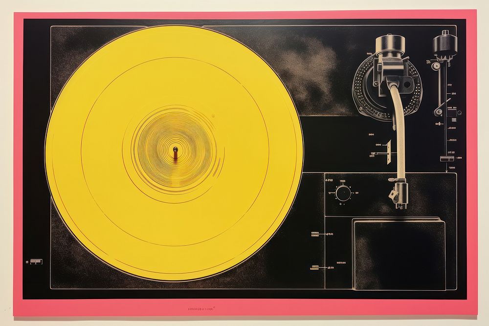 Silkscreen on paper of a Vinyl player yellow technology gramophone.