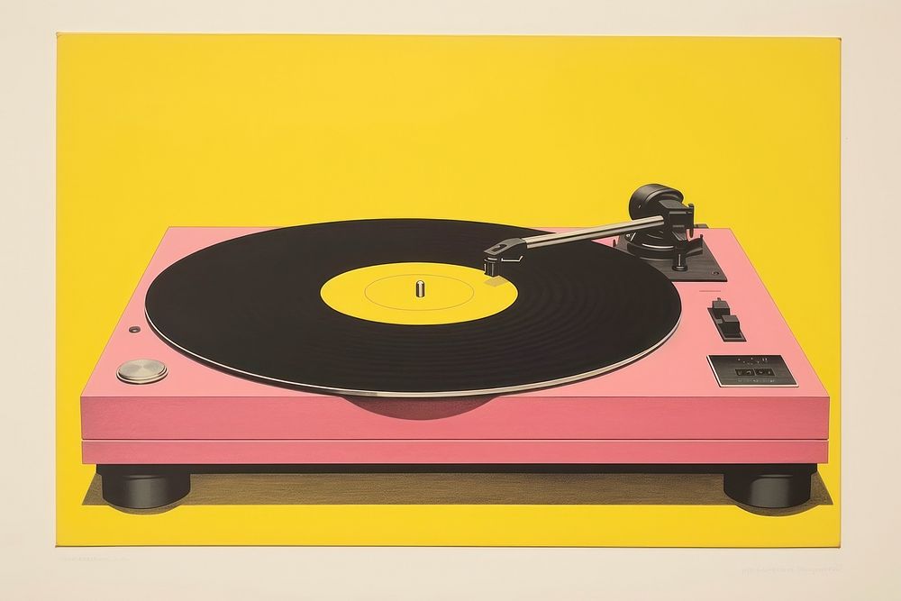 Silkscreen on paper of a Vinyl player yellow yellow background electronics.