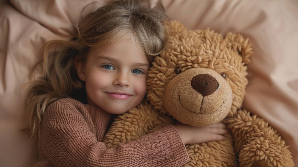 Studio shot of a child hugging a large realistic bear blanket comfortable relaxation.