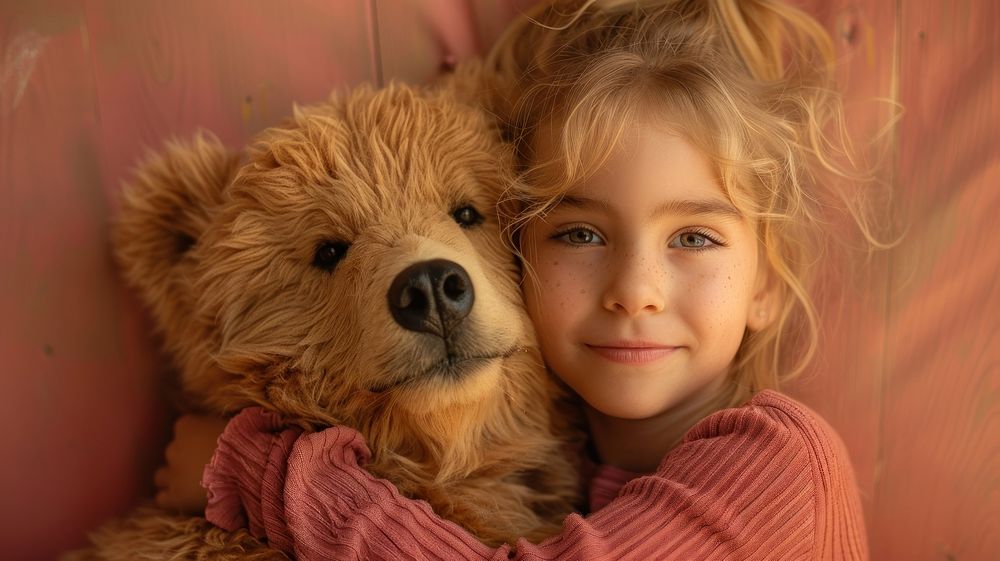 Studio shot of a child hugging a large realistic bear portrait mammal dog.