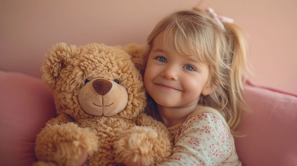 Studio shot of a child hugging a large realistic bear portrait baby toy.