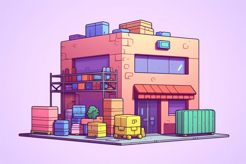 Warehouse pixel art architecture illustrated.