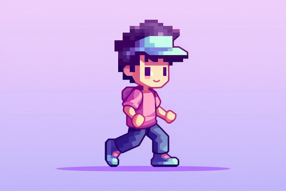 Boy walking pixel graphics cartoon purple.