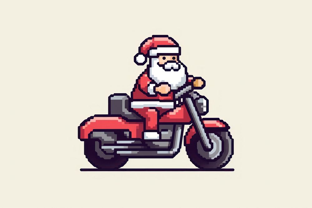Santa on motorcycle pixel vehicle transportation motorcycling.